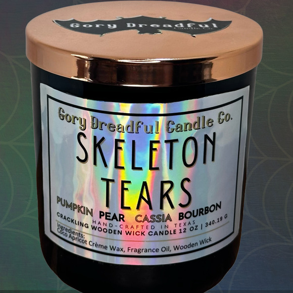 Skeleton Tears Crackling Wooden Wick Candle: Pumpkin Pear Cassia Bourbon Scent - Picture 1 of 10